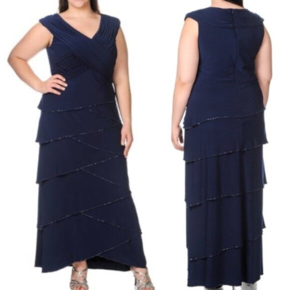 PATRA Navy Jersey Sleeveless Tiered Beaded Formal Evening Gown, Size 24W - Picture 2 of 12